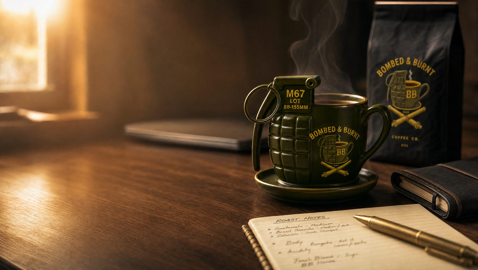 A hyper-realistic Bombed & Burnt grenade-shaped coffee mug filled with steaming coffee, resting on a saucer beside a bag of Bombed & Burnt Coffee Co. beans and a roast-notes journal in warm morning light.