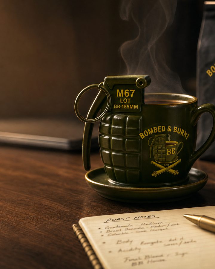 Bombed & Burnt Coffee Co. bagged beans and branded grenade mug — an example of finished private-label packaging.