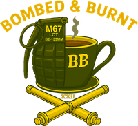 Bombed & Burnt Coffee Co. emblem — grenade coffee mug over crossed cannons